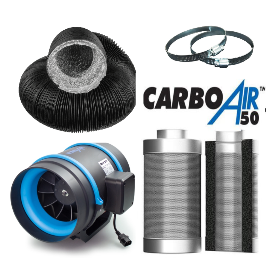 Complete grow room extraction kit with inline fan, carbon filter and ducting